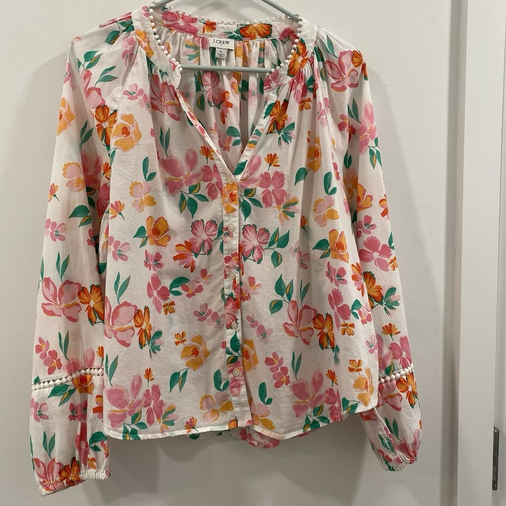 J Crew Pink Botanical Floral Ruffle V-Neck Blouse Balloon Sleeve L Boho Cottage